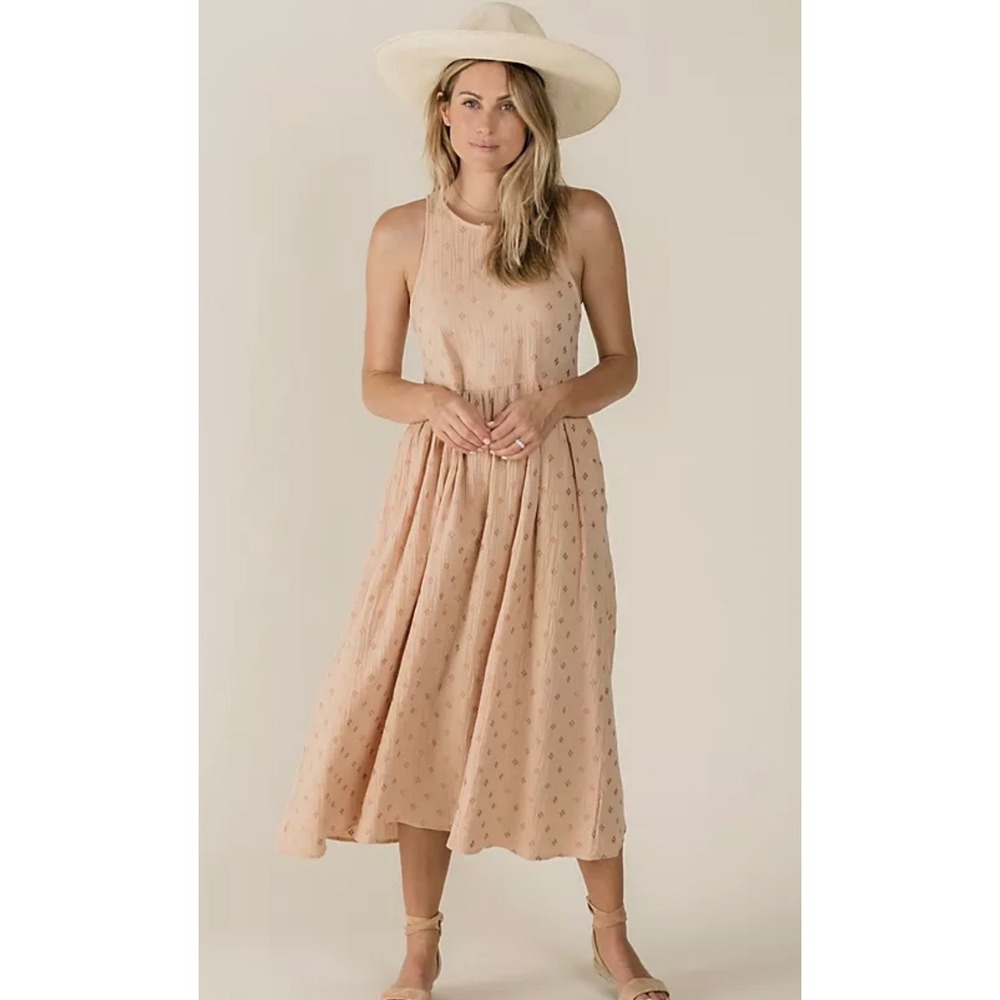 Rylee + Cru Mommy & Me Cross Embroidered Zoe Dress Midi Womens Medium Tan Gauzy